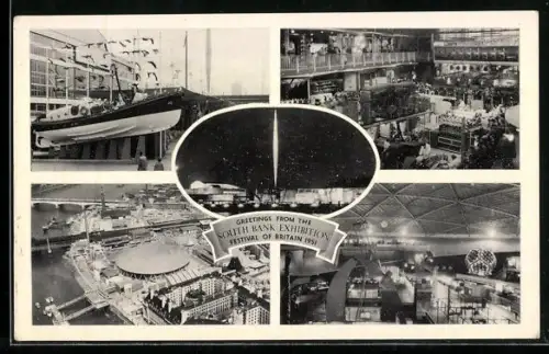 AK London, Festival of Britain 1951, South Bank Exhibition, vier Ansichten von der Ausstellung