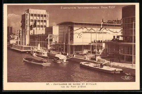 AK Paris, Exposition internationale 1937, pavillons de Suisse et d` Italie vus du pont d` Iena