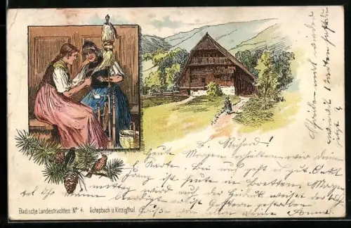 AK Zwei Frauen in Schwarzwälder Tracht am Spinnrad