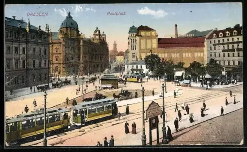 AK Dresden, Postplatz mit Strassenbahnen