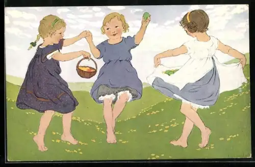 Künstler-AK Franziska Schenkel: Drei tanzende Mädchen auf der Wiese