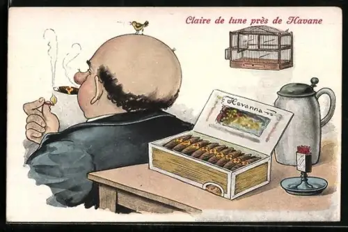 AK Claire de lune près de Havane, Glatzköpfiger Herr raucht eine Zigarre