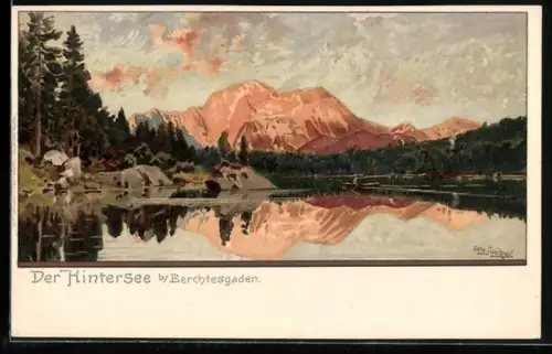 Künstler-Lithographie Otto Strützel: Ramsau, Blick über den Hintersee