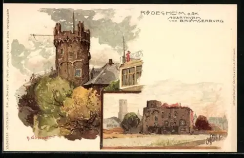 Künstler-AK Manuel Wielandt: Rüdesheim a. Rh., Adlersturm und Broemserburg