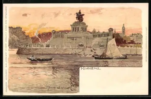 Künstler-Lithographie Manuel Wielandt: Koblenz, Blick auf Kaiser-Wilhelm-Denkmal vom Wasser aus