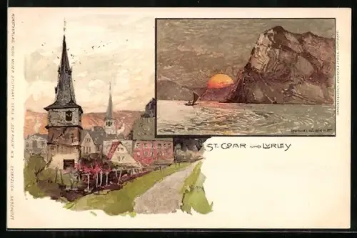 Künstler-AK Manuel Wielandt: St. Goar, Ortsansicht und Strassenpartie, Lurley