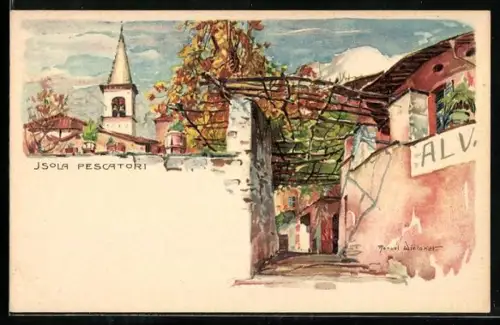Künstler-AK Manuel Wielandt: Isola Pescatori, Kirche und Gasse im Ort