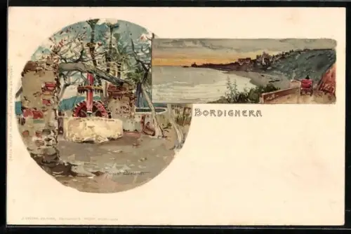 Künstler-AK Manuel Wielandt: Bordighera, Ortsansicht, Brunnen