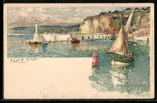 Künstler-AK Manuel Wielandt: Nice, Le Port mit Leuchtturm und Segelboot
