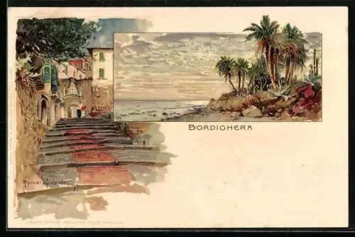 Künstler-AK Manuel Wielandt: Bordighera, Ortspartie mit Treppe, Palmen am Meer