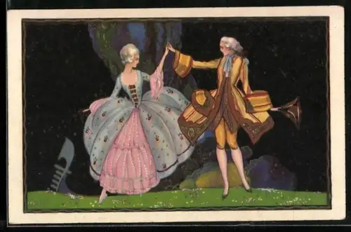 AK Kavalier hilft Dame aus Gondel, Barock, Rokoko, Maskenball, Karneval, Art Deco