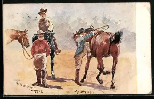 Künstler-AK Mounting, Cowboys im Sattel, Herr besteigt seinen Gaul
