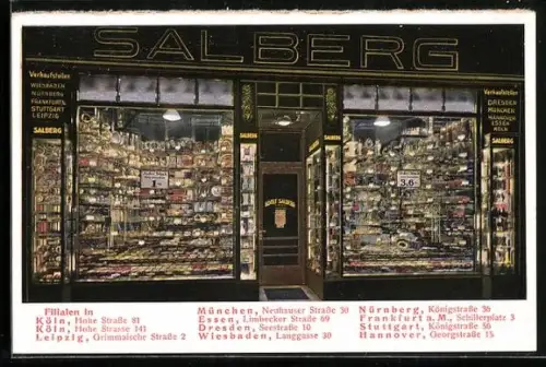 AK Filiale eines Geschäfts von Adolf Salberg mit Liste weiterer Verkaufsstellen