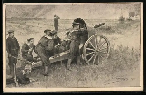 Künstler-AK Deutsche Matrosen an der flandrischen Küste