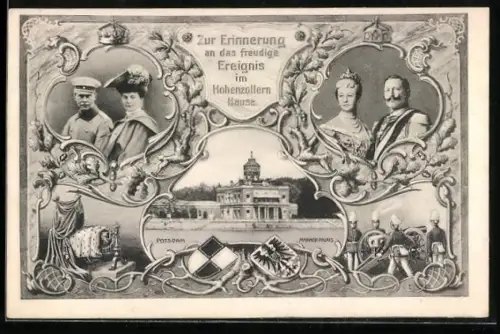 AK Potsdam, Marmor-Palais, Kronprinz Wilhelm mit Cecilie und Kaiser Wilhelm II. mit Auguste Victoria