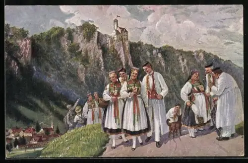 AK Schloss Lichtenstein mit Honau, Männer und Frauen in schwäbischen Volkstrachten