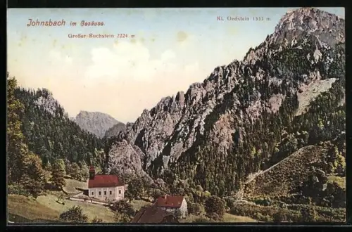 AK Johnsbach im Gesäuse, Ortsansicht aus der Vogelschau mit Grosser Buchstein und Kl. Oedstein
