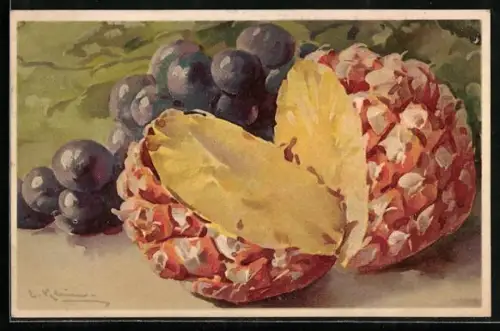 Künstler-AK Catharina Klein: Stilleben mit Ananas und roten Trauben
