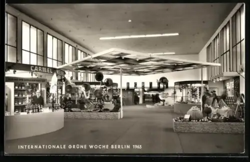 AK Berlin, Intern. Grüne Woche, 1963, Halle, Verkaufsstand v. israelischen Wein und Sekt, Jaffa