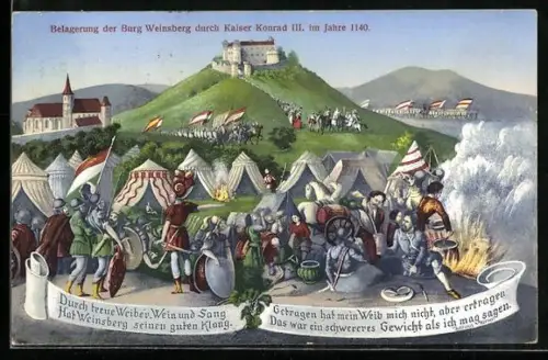 Künstler-AK Weinsberg, Belagerung der Burg durch Kaiser Konrad III. 1140