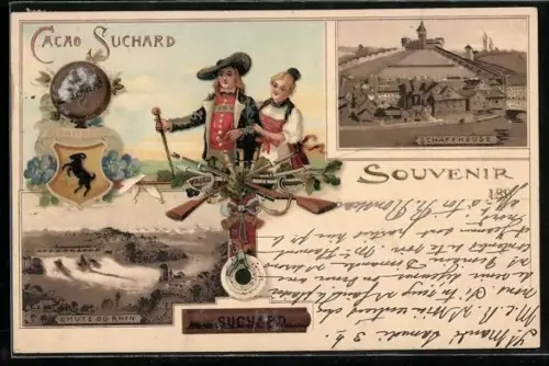 AK Schaffhausen, Ortsansicht mit Burg, Rheinfall, Paar in Trachten