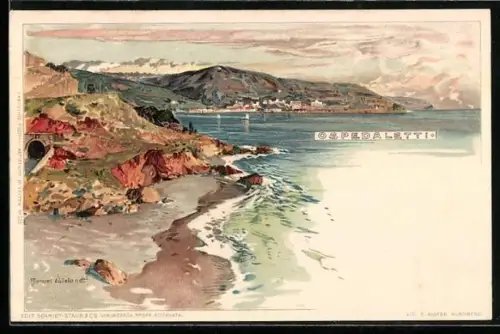 Künstler-AK Manuel Wielandt: Ospedaletti, Partie am Meer mit Blick auf die Stadt