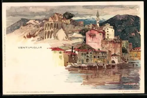 Künstler-AK Manuel Wielandt: Ventimiglia, Teilansicht vom Wasser aus