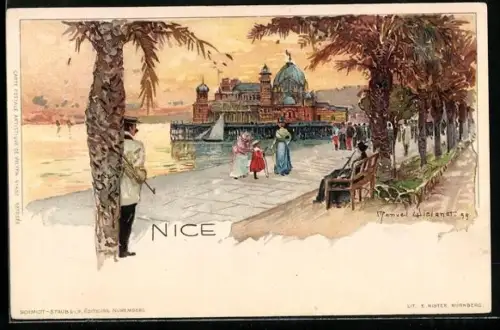 Künstler-AK Manuel Wielandt: Nice, Promenade mit Spaziergängern