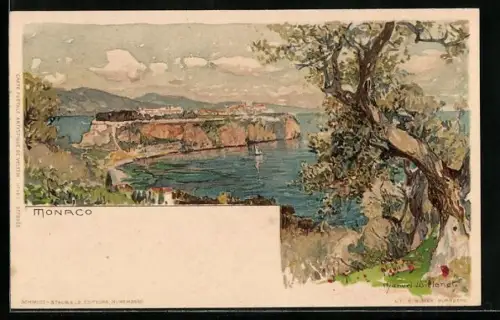 Künstler-Lithographie Manuel Wielandt: Monaco, Blick zur Stadt