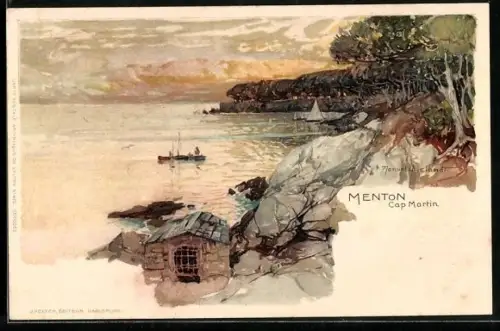 Künstler-Lithographie Manuel Wielandt: Menton, Cap Martin, Segelboot