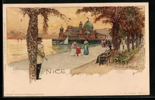 Künstler-AK Manuel Wielandt: Nice, Promenade mit Spaziergängern