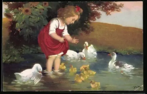 Künstler-AK Marie Flatscher (M.FL.): kleines Mädchen am Wasser mit Enten und Küken