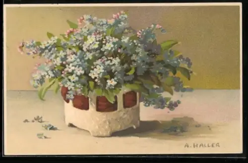 Künstler-AK Anna Haller: Blaue Blumen mit etwas Rosa in einer weissen Vase