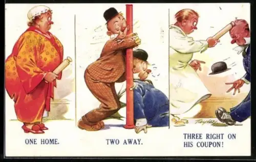 Künstler-AK Arnold Taylor: Ehefrauen schlagen ihre betrunkenen Männer mit Nudelhölzern