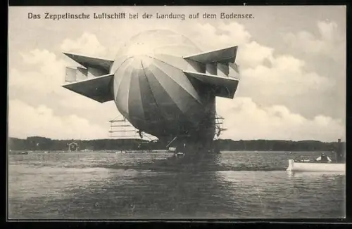 AK Zeppelin bei der Landung auf dem Bodensee