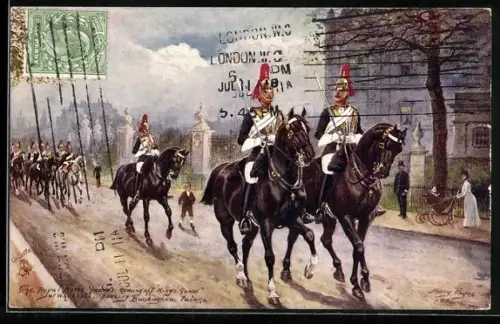 Künstler-AK Harry Payne: The Royal Horse Guards coming off King`s Guard
