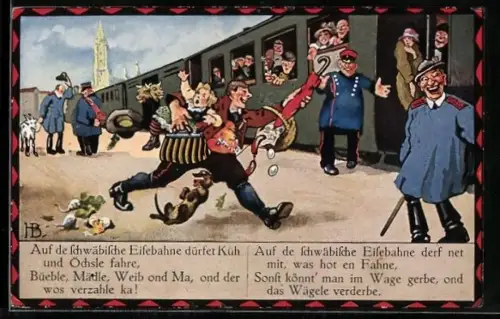 Künstler-AK Hans Boettcher: Fahrgast stürmt zur schwäbischen Eisenbahn