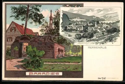 Künstler-AK K. Mutter: Herrenalb, Paradies & Ortsansicht