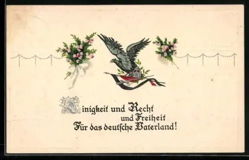 AK Adler, Krone, Schwert, deutsche Fahne, Blumensträusse