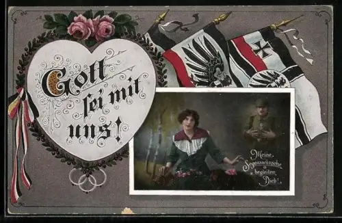 AK Gott sei mit Uns, Soldat in Uniform mit seiner Frau, Flaggen