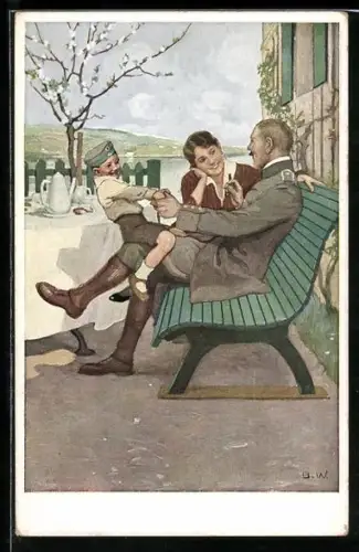 Künstler-AK Brynolf Wennerberg: Soldat mit seiner Familie auf einer Bank