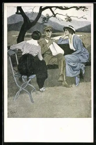 Künstler-AK Brynolf Wennerberg: Daheim, verwundeter Soldat im Gespräch mit Damen