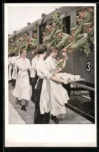 Künstler-AK Brynolf Wennerberg: Soldaten im Zug werden am Bahnhof verpflegt