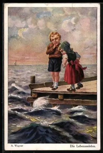 AK Zwei Kinder auf einem Steg am Meer, die Lebensmüden