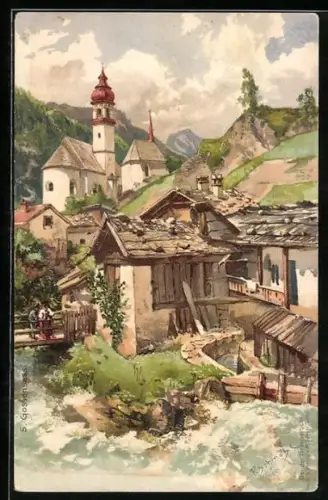 Künstler-AK P. Schmohl: Gossensass, Blick zur Kirche