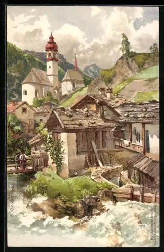 Künstler-AK P. Schmohl: Gossensass, Blick zur Kirche