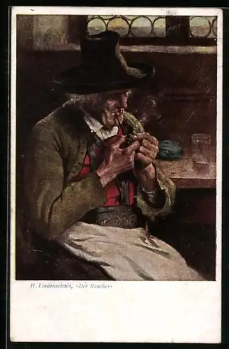 Künstler-AK H. Lindenschmit: der Raucher, ein alter Mann in Tracht zündet sich seine Pfeife an