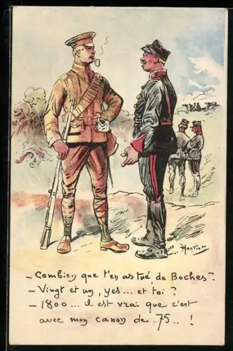 Künstler-AK sign. Henriot: Zwei Soldaten in Uniform unterhalten sich