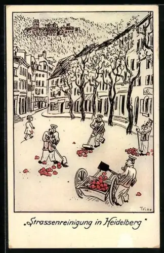 Künstler-AK sign. Walter Trier: Heidelberg, Strassenreiniger kehren Herzen zusammen