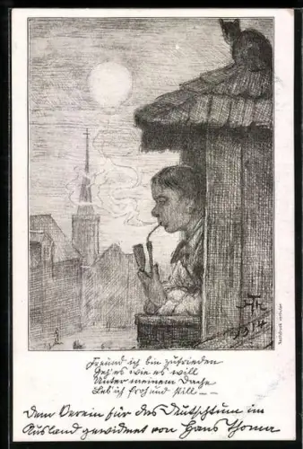 Künstler-AK Hans Thoma: Mann mit Tabakspfeife auf Turm